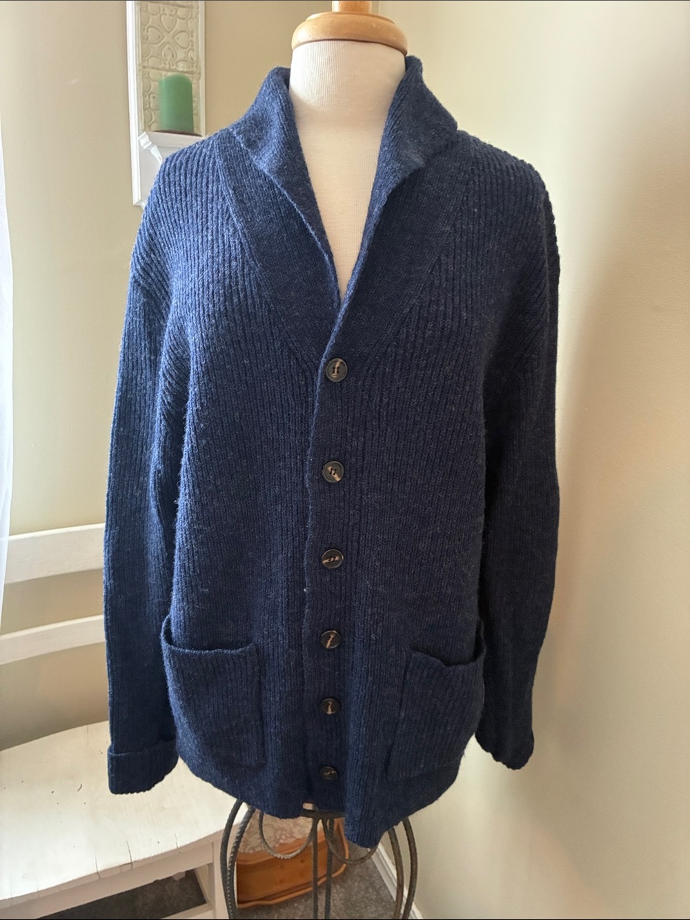 Cozy Navy Shawl Collar Button Cardigan Sweater